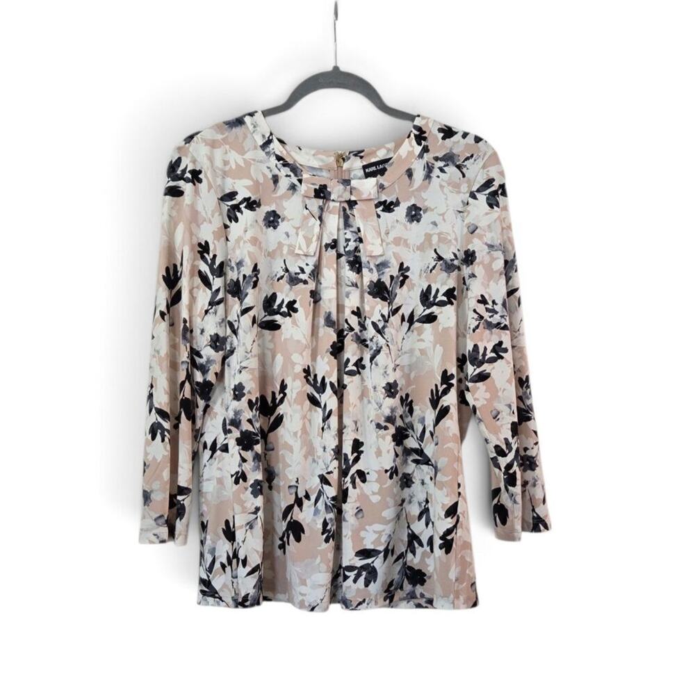 Karl Lagerfeld Paris Blush Pink Floral Bow Neck Long Sleeve Blouse, Size Medium